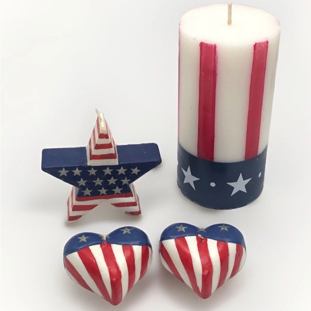 Patriotic Candle Set Red, White, Blue Pillar, Heart & Star Shaped, American Flag - Picture 2 of 8